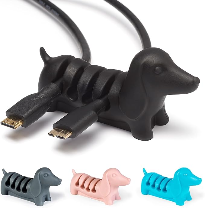 Gifts for Readers & Writers Cord Organizer, Office Desk Organizing & Cable Management Accessory, Kord Keeper Dog, Weighted Wire Holder to Organize Phone & Device Charger Cords, Black