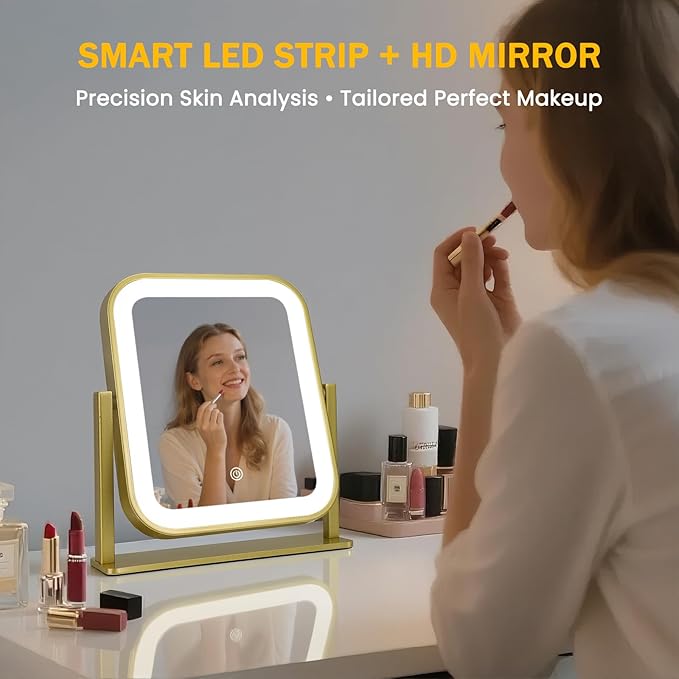 Vanity Mirror with Lights, 1500mAH, 10"×9" Makeup Mirror with Lights, Smart Touch with 3-Color Lighting, 360° Rotation, Portable LED Desk Mirror, Bedroom (Gold)