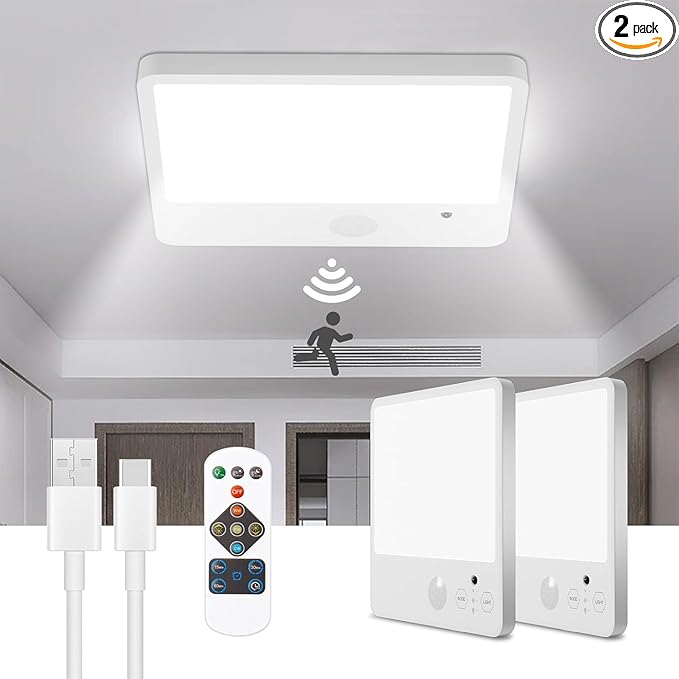 Battery operated ceiling light 2Pack,3 Color Motion Sensor Lights with Remote,Rechargeable ceiling light 7.48in,Wireless Closet Light Battery Operated, Wireless ceiling light for Shower Pantry Stairs