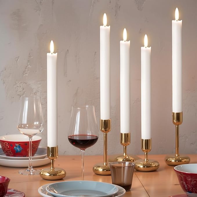 GenSwin Flameless White Taper Candles Flickering with 10-Key Remote, Battery Operated Led Warm 3D Wick Light Window Candles Real Wax Pack of 3, Christmas Home Wedding Decor(0.78 X 9.64 Inch)