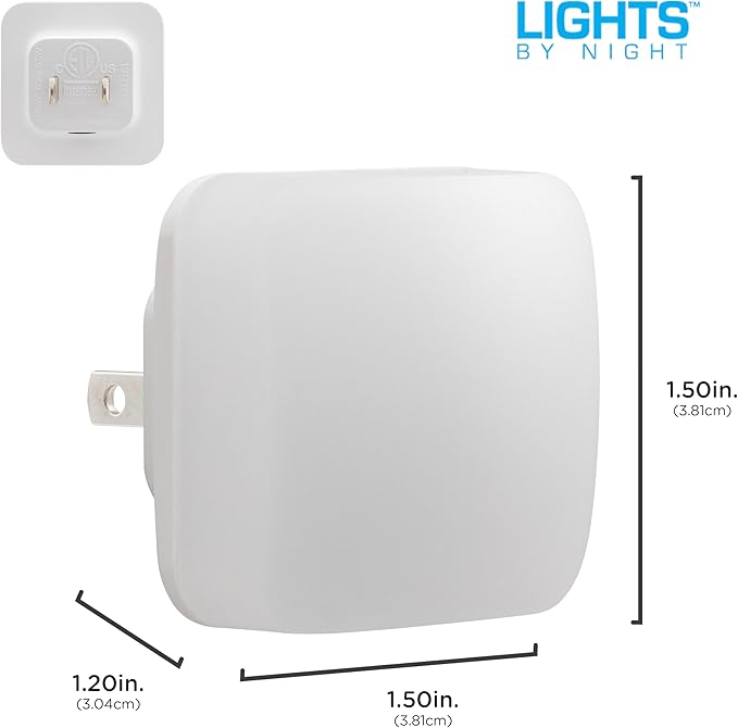Lights by Night Mini Square LED Night Light, Plug in, Dusk to Dawn Sensor, Warm 3000K, Compact Single Outlet Design (Doesn’t Block 2nd Outlet), Ambient Lighting, Bedroom, Bathroom, 2-Pack, 82488