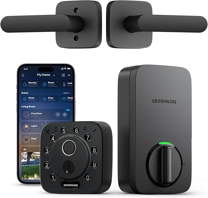 ULTRALOQ Bolt Fingerprint Smart Lock with Handle, 7-in-1 Keyless Entry Door Lock Set, Built-in WiFi Deadbolt, Auto-Lock & Unlock, App Remote Control, Compatible with Alexa, ANSI Grade 1,Black