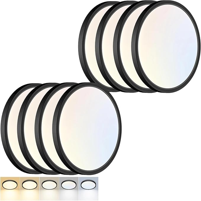 8 Pack LED Flush Mount Ceiling Light,9Inch 18W,3000K/3500K/4000K/5000K/6500K 5 Color Temperatures Ceiling Light Fixture for Kitchen Porch Hallway Bedroom Bathroom and Closet,Black