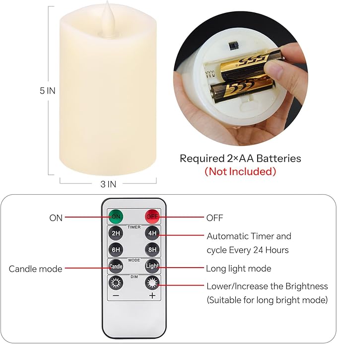 1PCS, 3 x 5 inches Flameless Candle with Remote Control, 3D Flickering Wick, Real Wax, Battery Candles,with Timer,Battery Powered Candles,for Holiday Home Decor,Ivory