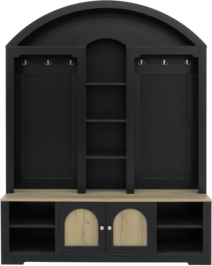Merax 59" Multi-Functional Hall Tree with Shoe Racks, Curved Style Scandinavian Entryway Organizer with Hangers, Hooks & Shelves for Mudroom, Living Room, Black+Natural