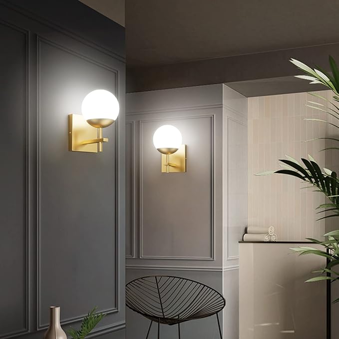 Ralbay Gold Wall Sconce, Mid Century Modern Gold Wall Light Fixtures Milky Glass Indoor Wall Lamp for Home Decor Bathroom Kitchen Living Room Vanity Hallway, Gold 1 Light (Exclude Bulb)