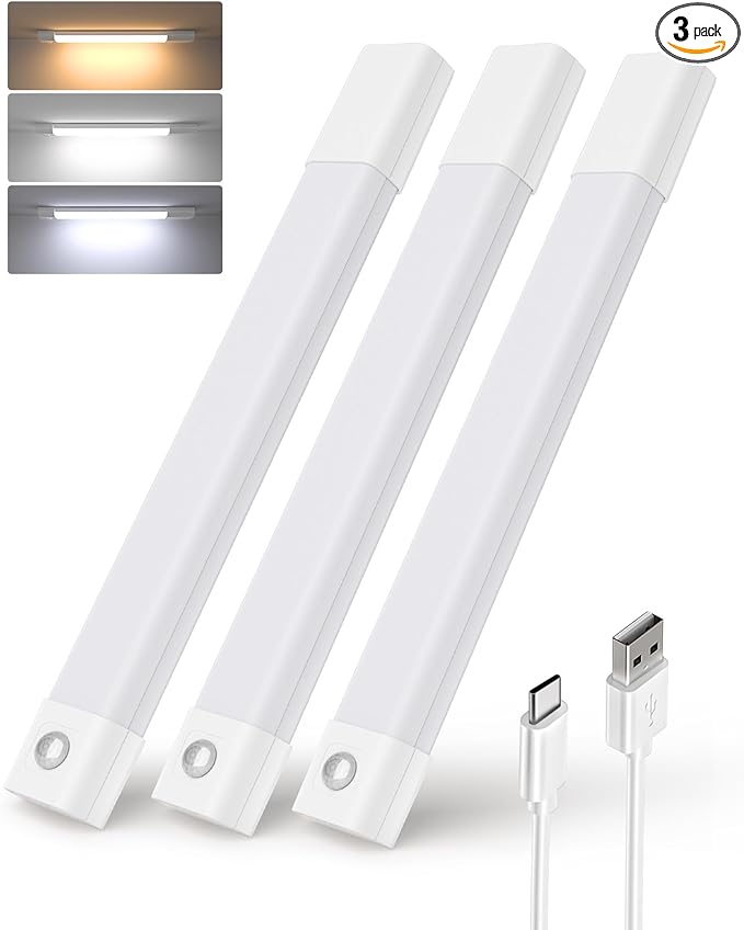 EZVALO Under Cabinet Lighting, Wireless Closet Lights, 50 LED Rechargeable Motion Sensor Light, Dimmable, 3 Color Temperatures, 11.8 inch Counter lights for Kitchen, Pantry, Bedroom, Wardrobe (3 Pack)