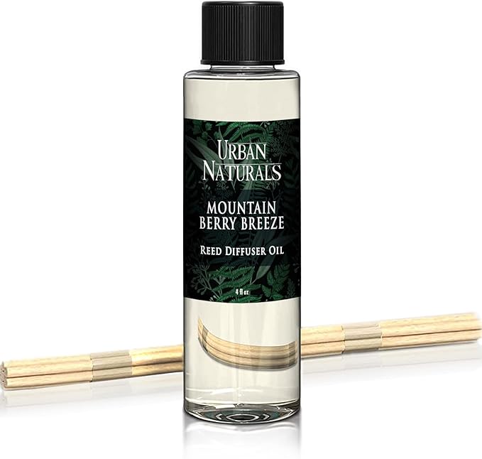 Urban Naturals Reed Diffuser Oil Refill, Mountain Berry Breeze Diffuser Oils with Juniper, Jasmine, Apple, 4 oz + Free Reed Sticks, Made in the USA