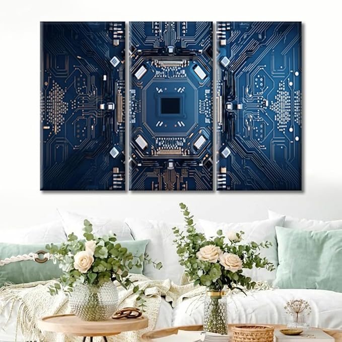 3 Panels Computer Processors CPU Wall Art for Living Room Motherboard Digital Chip Office Wall Decor Canvas Prints Chip Modern Artwork for Bedroom Bathroom Framed Ready to Hang (36"Wx24"H)