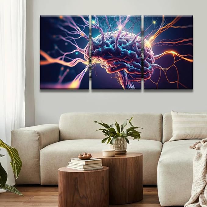 LSIUHWUWI Wall Art Painting Artificial Intelligence, Human Brain Neurons Firing and Neural Extensions Pictures Print on Canvas 3 Panel Canvas Wall Art Artwork Ready to Hang 16x24inchx3