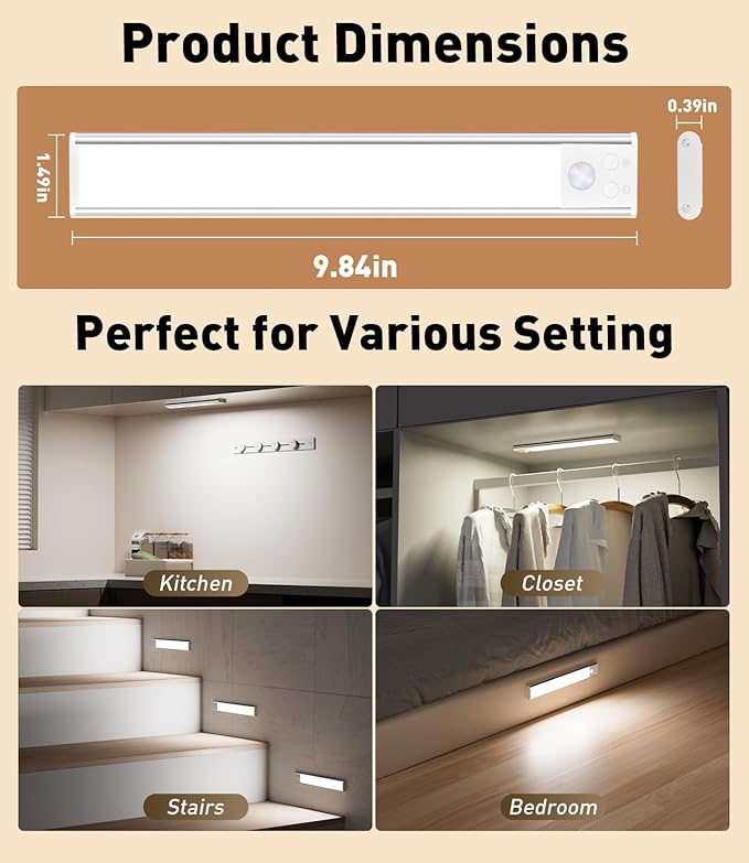 SZOKLED Motion Sensor Light Indoor, Closet Lights Rechargeable Battery Operated, Dimmable Under Cabinet Lighting for Kitchen, Stair, Wardrobe, Pantry, 4Pack (9.84inch)