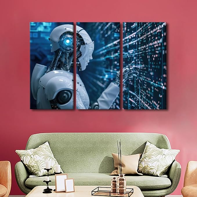 TUMOVO 3 Pieces Canvas Wall Art - Robot Pictures for Home Wall Decor AI Intelligence Canvas Painting Wall Art Big Data Analysis Artwork Giclee Gallery-wrapped Framed Ready to Hang, 60" Wx40 H
