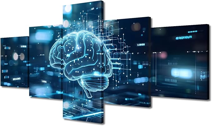 TUMOVO 5 Panel Digital Human Brain With Connection Lines on Blue Background Canvas Paintings Artificial Intelligence Pictures for House Wall Decor House Decorations Living Room Bedroom 50" Wx24 H
