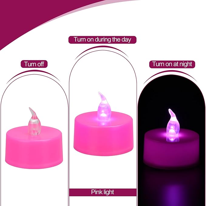 KOABY 24 Pack Pink Light Non-Flickering Flameless Tea Lights, Pink Base, Last 100H+, Battery Operated Tea Lights for Decor