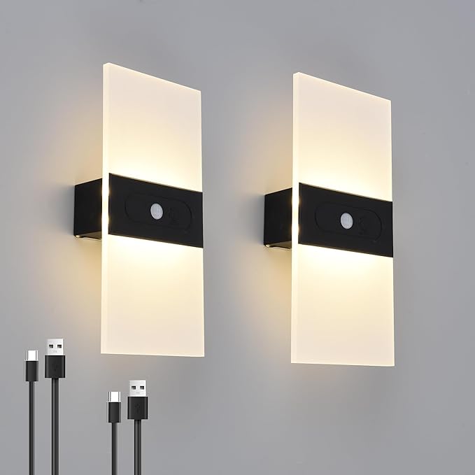 Rechargeable Wall Sconces Set of 2,Magnetic Wireless Led Wall Lamp, 2200Mah Battery Operated Motion Sensor Wall Lights Indoor Dimmable with Switch for Bedroom,Living Room,Hallway,Stair