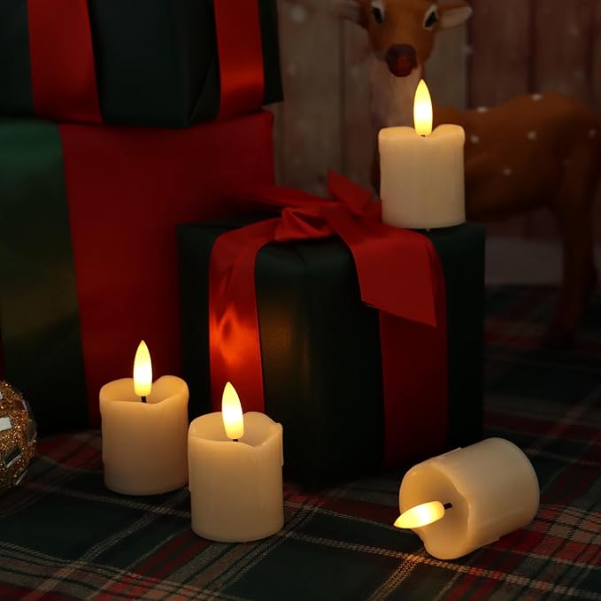 Set of 6 Flameless Votive Candles with Timer (5 Hour) Realistic Black Wick Battery Operated Candles Dripping Flickering LED Tealights for Wedding Party Holiday Christmas Halloween Decoration