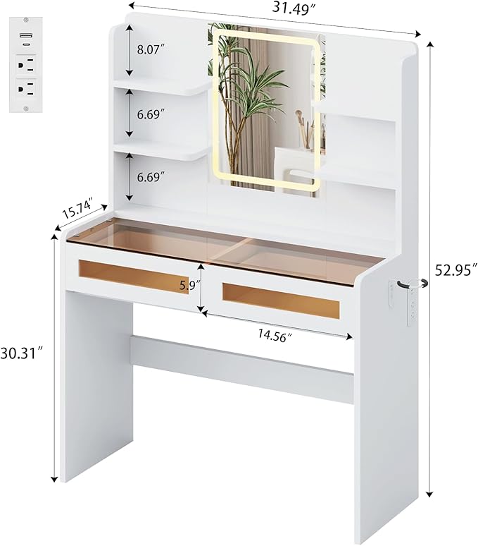 Vanity Desk with LED Lights Mirror & Power Outlet, Transparent Top Vanity with 2 RGB Drawers, 3 Lighting Modes & Adjustable Brightness, Dressing Table for Women Girls Bedroom, White