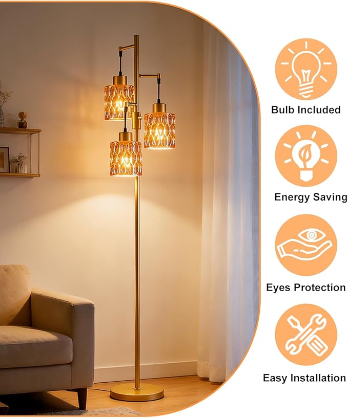3-Light Floor Lamps for Living Room, Farmhouse Dimmable Gold Floor Lamp with Brown Glass Shade& Bulbs Included, Mid Century Standing Tall Lamp for Bedroom/Sofa Beside/Corner