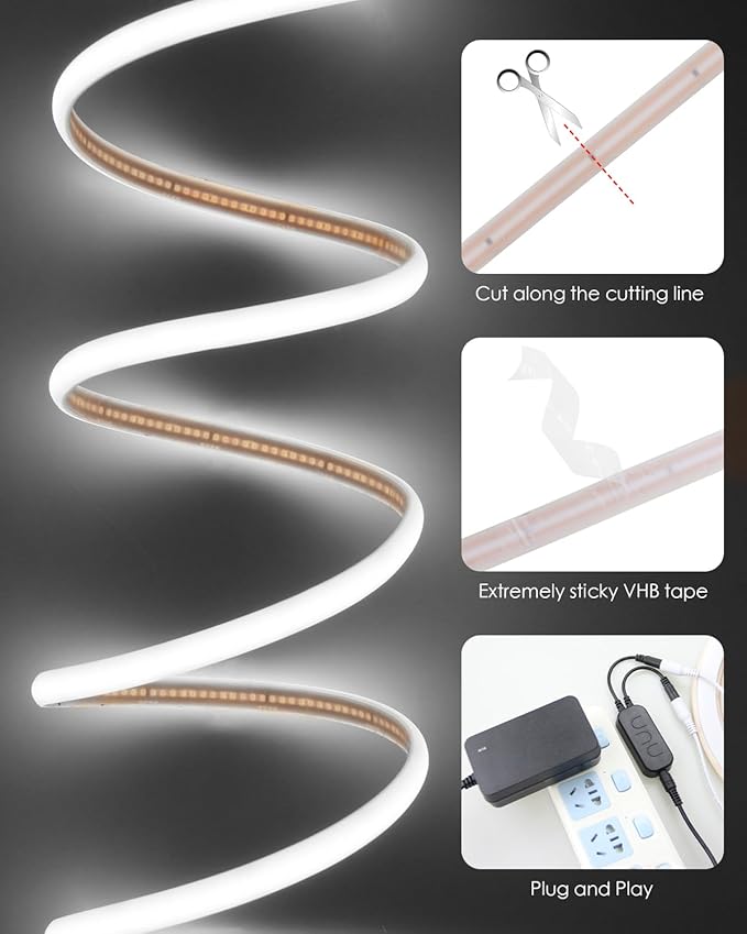 Aclorol 65.6FT White LED Strip Lights 24V Dimmable COB LED Strips Light with Remote & APP IP68 Waterproof for Under Cabinet Bathroom Courtyard Balcony Lighting (2 Rolls of 32.8FT)