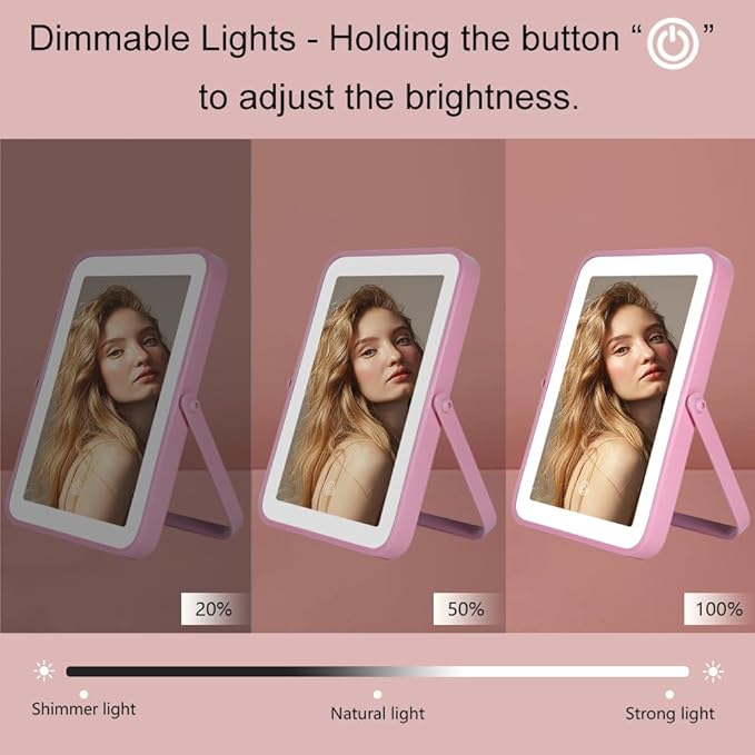 Pink Rechargeable Vanity Mirror with Lights, 10"×7" LED Makeup Mirror with Lights, Smart Touch Control Dimmable 3 Modes Light, Lighted Up Mirror for Makeup Desk, Bedroom, Dressing Room