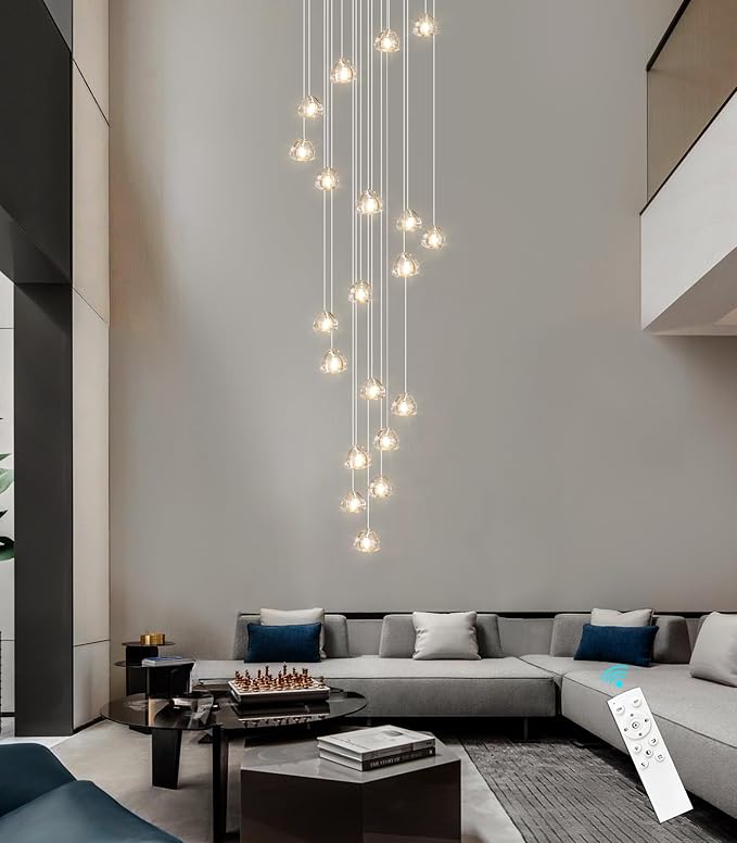 20-Lights Modern Chandeliers for Living Room Long Light High Ceiling Pendant Lights LED Dimmable Lighting Fixtures Chandelier for Foyer Entryway Polished Chrome Sloped Ceiling Install