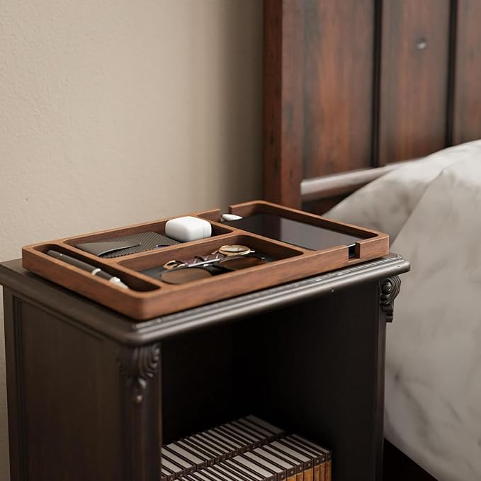 Shinpuru Wooden Valet Tray for Men, Nightstand Organizer with Leather Inlay, EDC Essentials Catchall Tray for Keys, Phone, Wallet, Watch, Earbuds - Bedside Desk Entryway Tray (Wood-Pen)
