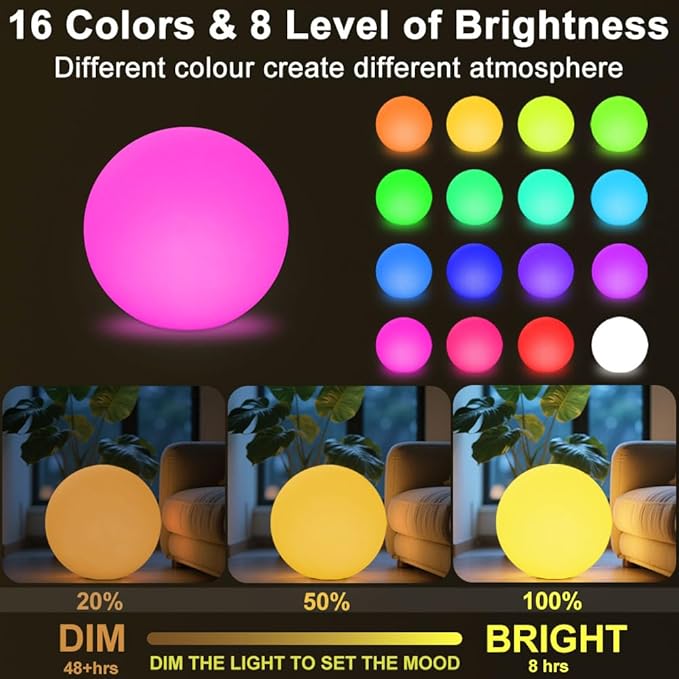 14-in LED Ball Light, Rechargeable Outdoor Globes Light Dimmable RGB Color Changing Globe Floor Lamp w/Remote, Modern Versatile LED Globe Orb Lights Waterproof Glowing Orb Lamp for Home Yard Lawn Path