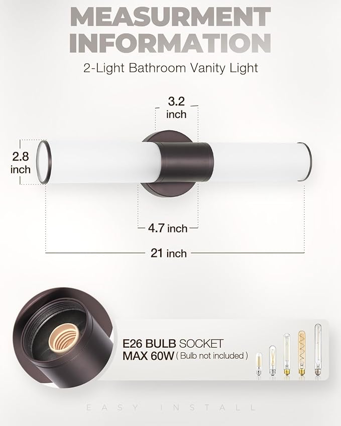 2-Light Bathroom Vanity Lighting Fixture, Oil Rubbed Bronze Wall Sconce with Opal White Glass, E26 Stocket Indoor Wall Lamp, Modern Mirror Light