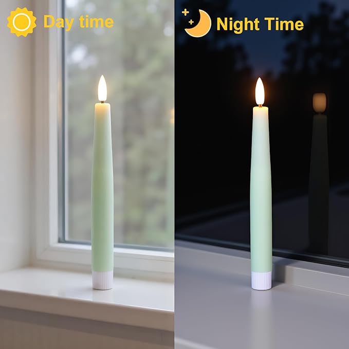 Green Flameless Taper Candles, Spring LED Flickering Taper Candles Battery Operated with Remote Timer, 4 Pcs Flameless Candlesticks for Spring Wedding Home Decorations(D0.78” x H8.1”)