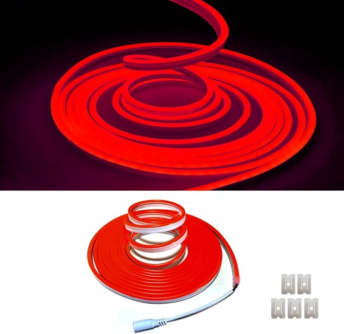 Red Neon LED Strip Light, 16.4ft/5M Flexible Rope Light - 12V DC, 600 LEDs, Waterproof for Indoor & Outdoor Home Decor (Include Power Adapter)