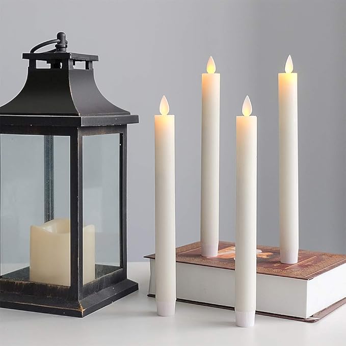 Wondise Flameless Taper Candles Remote with Timer, Battery Operated Real Wax Ivory LED Taper Candles for Christmas Window Decoration, Set of 4(D0.78 x H9.5 Inch)