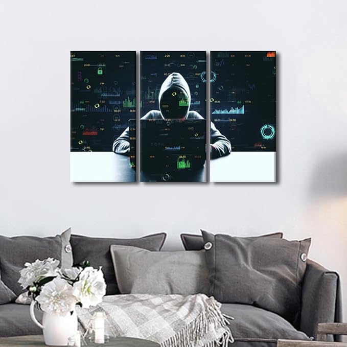 TUMOVO AI Big Data Posters Canvas Print Hacker Malware Art Prints 3 Pieces Wall Art Hacker Paintings Pictures Prints on Canvas Giclee Artwork Framed Ready to Hang Posters and Prints, 36" Wx24 H