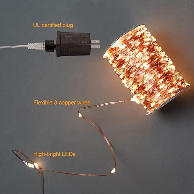 100Ft Warm White Plug in Fairy Lights 300 LED Waterproof Twinkle Copper Wire String Lights with Remote for Christmas Tree Bedroom Porch Patio Garden Wedding Party