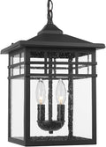 Outdoor Pendant Light Lantern for Front Porch, 10 Inch Large Black Exterior Hanging Chandelier Light Fixtures with Seeded Glass Shade for Patio, Garden, Backyard, Garage, Gazebo, Entryway