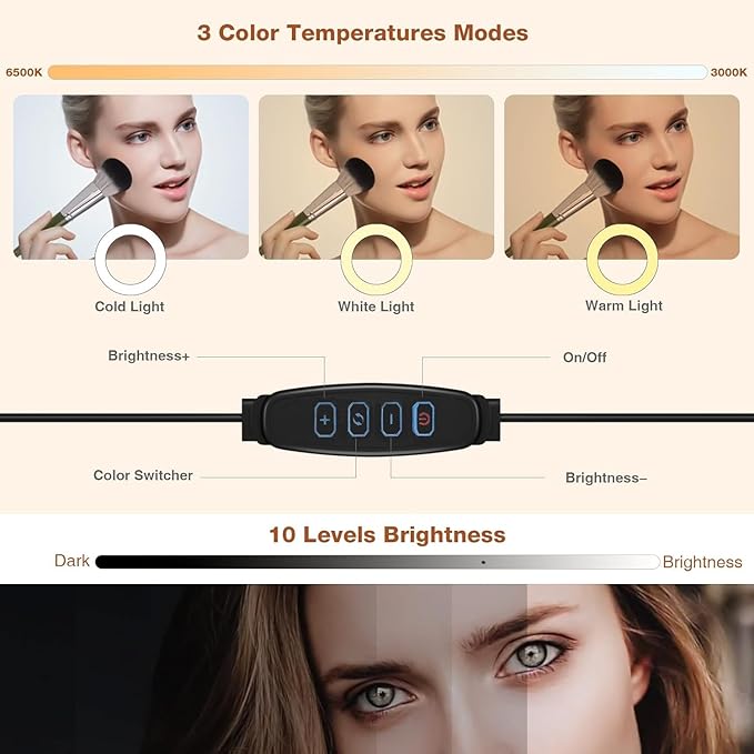 Suction Cup LED Vantiy Lights for Mirror, Flexible Gooseneck Stick on Selfie Ring Light for Makeup Vanity Table & Bathroom Mirror, 3 Color Modes & 10 Brightness, Plug in,3.54inch, Black