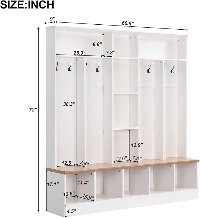 Modern Hall Tree with Coat Rack and Storage Bench, 4-in-1 Minimalist Hallway Coat Hanger Shoe Cabinet with Cube Storage & Shelves Multifunctional Entryway Bench with 8 Hooks for Mudroom, White