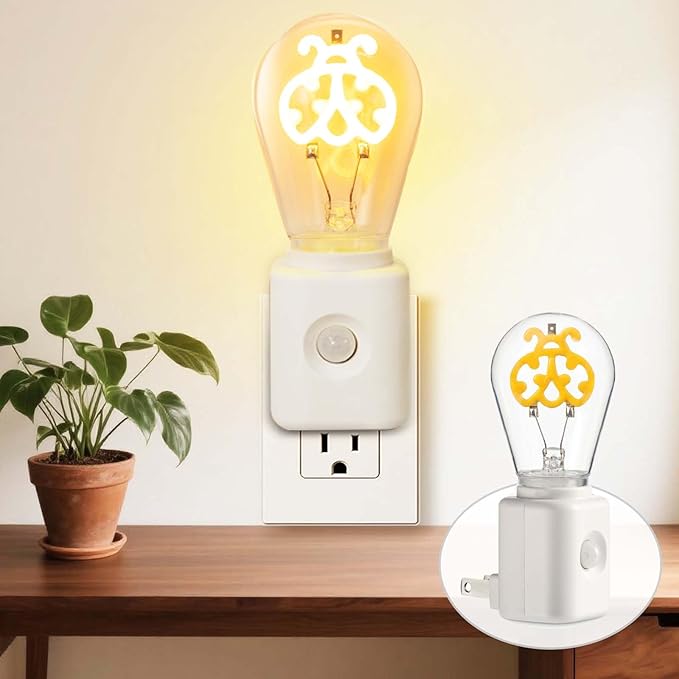 Unique Gift Vintage Dimmable Led Night Light Plug-in, Motion & Dusk-to-Dawn Sensor, Ladybird Shape Filament Warm White 2200K Light, for Hallway, Bedroom, Kitchen, Stairway, 1 Pack