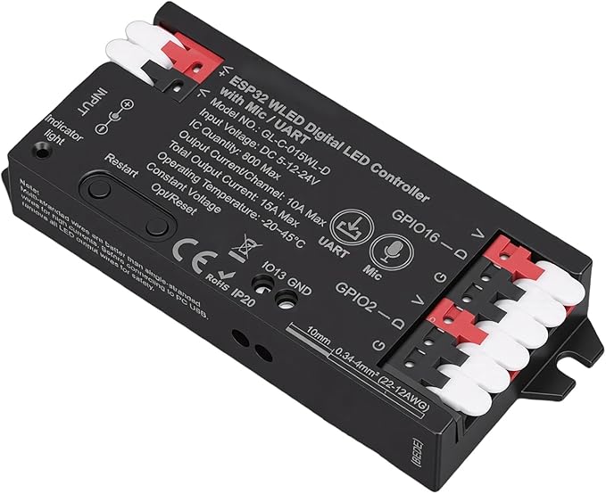 Eujgoov LED Strip Light Controller with Mic, Over 100 Lighting Effects Music Sync WiFi APP Control, for WS2812 SK6812 Addressable LED Strips