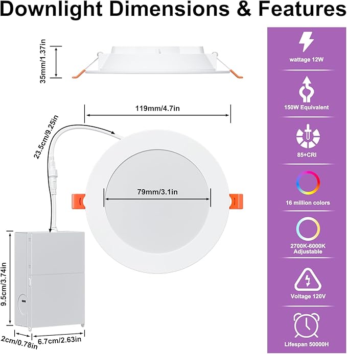 24Pack Smart Recessed Lighting 4 Inch RGBCW Color Changing 12W LED Downlight with Junction Box,1080 Lumen Recessed Ceiling Light Compatible with Alexa,Dimmable by Bluetooth Control