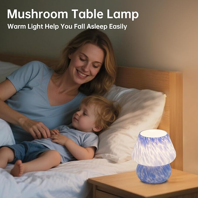 Mushroom Lamp Table Lamp for Bedroom,Small Desk Bedside Lamps for Living Room,Mushroom Decor Cute Mini Modern Mid Century Lamps for Night Stands (Blue)