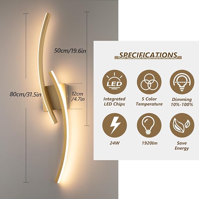Hardwired Modern LED Wall Light Fixtures, 3000~6000K Modern 5CCT Wall Sconce for Living Room, 31.5IN Indoor Wall Lights Gold Bathroom Light for Bedroom, Hallway, Bedside