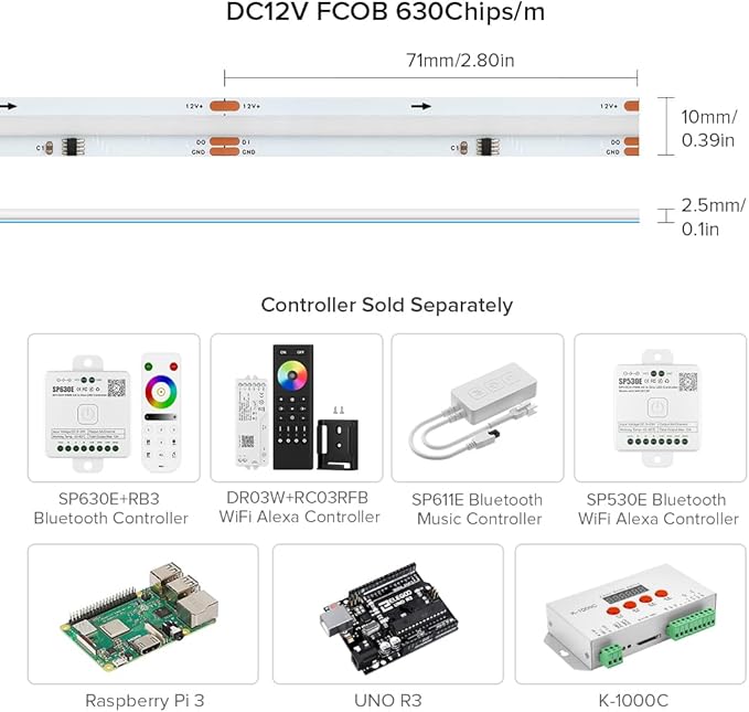 BTF-LIGHTING FCOB WS2811 IC RGB COB LED Strip DC12V 630LED/m Flexible High Density Uniform Chasing Color Light 2X16.4FT Total 32.8FT 14IC/m 10mm Width(No Adapter or Controller)