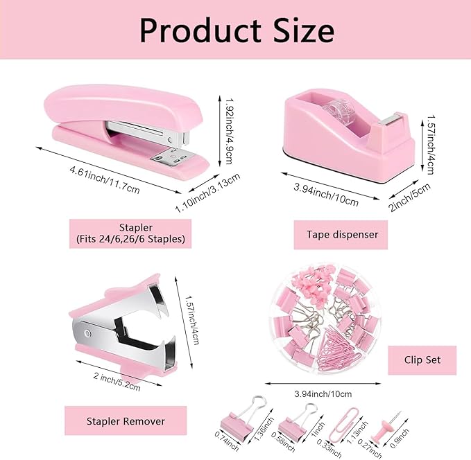 suniya Office Supplies,Desk Accessories,Tape Holder,Stapler,Scissor,Staple Remover,Box of Binder Clips,Staples,Ballpoint Pen,Lndex Tabs,Clear Tape,Office Supplies Set(Pink)