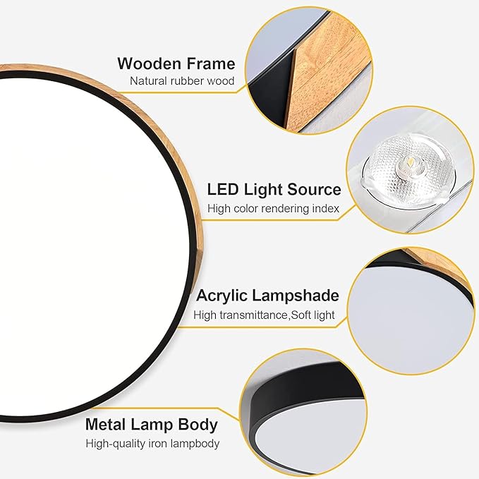 Wood LED Flush Mount Ceiling Light, 3CCT 3000K-6500K Modern Black Close to Ceiling Lighting Fixtures, Minimalist Round Ceiling Light for Bedroom, Kitchen, Hallway, Laundry Room, Not Dimmable