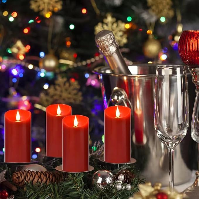 Flameless Battery Operated Flicking Candles:Remote Control Realistic Wax Pillar LED Candle with 10-Key Cycling 24 Hours Timer for Home Decoration Wedding Birthday Party 2PACK Red