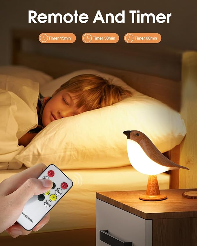 Small Bird Table Lamp, 2600mAh Touch Cordless Bedside Lamp with Remote Control, 3-Color Dimmable Kids Night Light, Rechargeable Desk Lamp with Timer and Bird Sounds for Toddler Kids Bedroom Nightstand