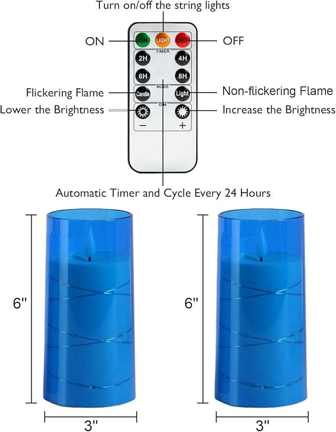 Homemory Flameless Candles with Embedded Star String Fairy Lights, Battery Operated Candles, LED Candle, Fake Candles with Remote Control and Timer, Blue, Set of 2(H 6" 6")