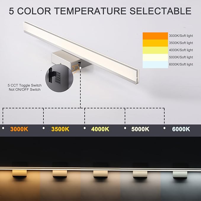 16W LED Vanity Light Bar, 19.6-Inch Brushed Nickel Bathroom Fixture, 5CCT Color Changeable & Dimmable Over-Mirror Lighting