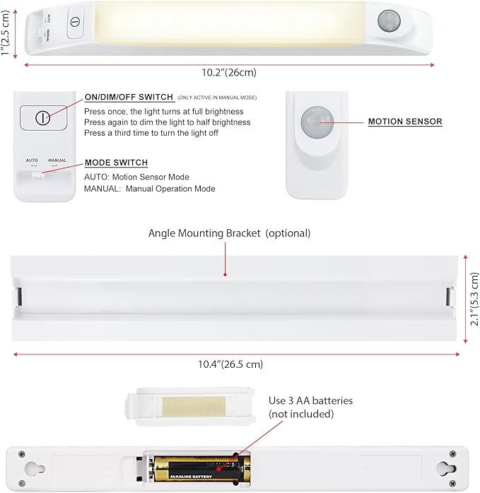 LUXSWAY LED Motion Sensor Light Indoor, Dimmable Under Cabinet Lights, Manual ON/Off, Battery Operated Closet Lighting Bar, Shelf Light, Stick-on Anywhere Night Lighting for Kitchen Wardrobe Pantry
