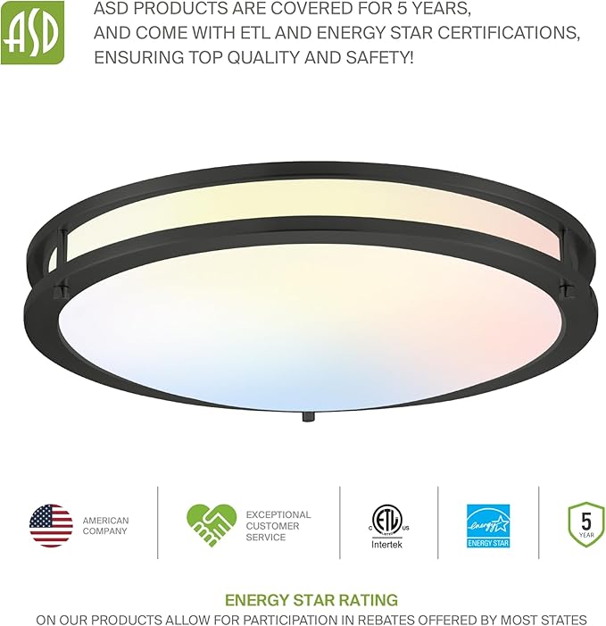 ASD LED 10" Round Flush Mount Lighting, Close to Ceiling Light Fixture | 3CCT, Dimmable, Energy Star, ETL Listed | 16W 1041LM 3000K-5000K 120V | Low Profile Double Ring Lamp | Black